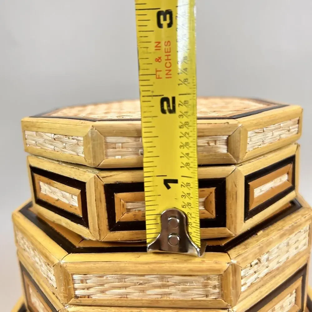 Vintage Bamboo Wicker Hexagon 3 Nesting Jewelry Trinket Boxes- EUC